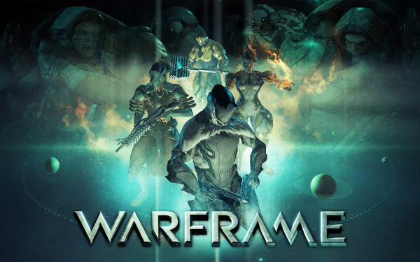 HD desktop wallpaper featuring characters from the video game Warframe, showcasing a dynamic space backdrop with vibrant colors and intricate designs.