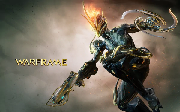 An HD wallpaper featuring a dynamic character from the video game Warframe, showcasing intricate armor and a striking pose against a dramatic background.