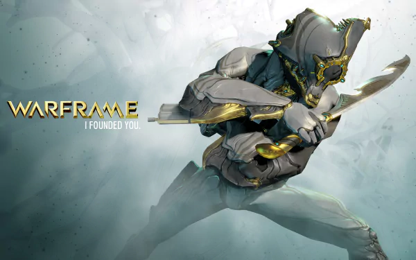 A dynamic HD wallpaper from the video game Warframe, featuring a warrior poised for action against a misty background, enhancing any PC desktop with its striking visual appeal.
