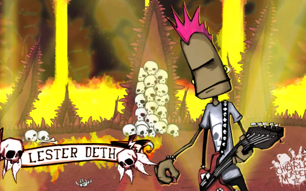 HD PC desktop wallpaper featuring a vibrant scene from the video game Charlie Murder, showcasing a punk character named Lester Deth with a guitar in a fiery, skull-filled environment.