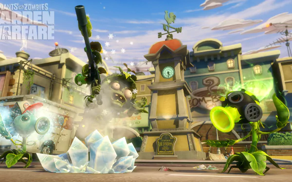 HD desktop wallpaper featuring Foot Soldier Zombie and Peashooter characters from the video game Plants vs. Zombies: Garden Warfare, set in a dynamic urban environment with a clock tower and graffiti.