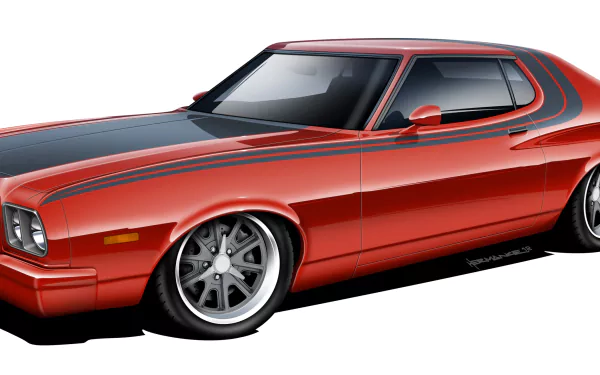 HD desktop wallpaper featuring a detailed illustration of a red Ford Gran Torino, showcasing its sleek design and classic muscle car style.