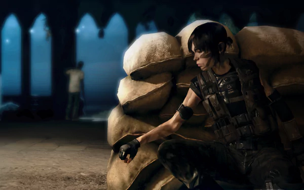 HD PC desktop wallpaper from the video game Beyond: Two Souls featuring a female character crouched behind sandbags in a dimly lit, arched stone interior.