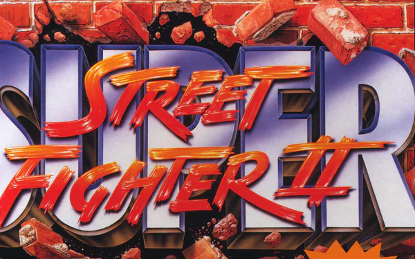 HD PC desktop wallpaper featuring the Super Street Fighter II video game logo with dynamic lettering breaking through a brick wall background.