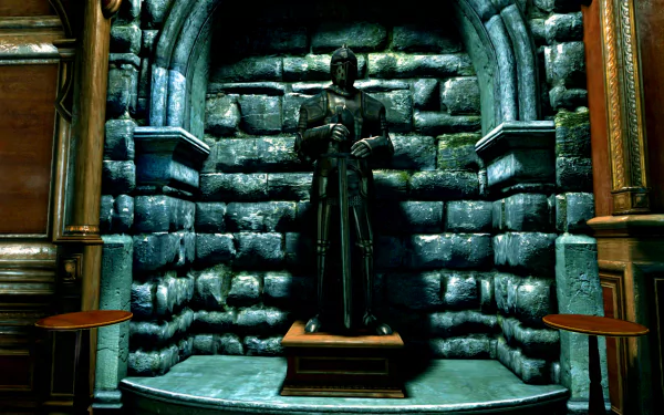 HD PC desktop wallpaper featuring a dark, medieval stone alcove with a knight statue holding a sword, inspired by the Thief video game series.