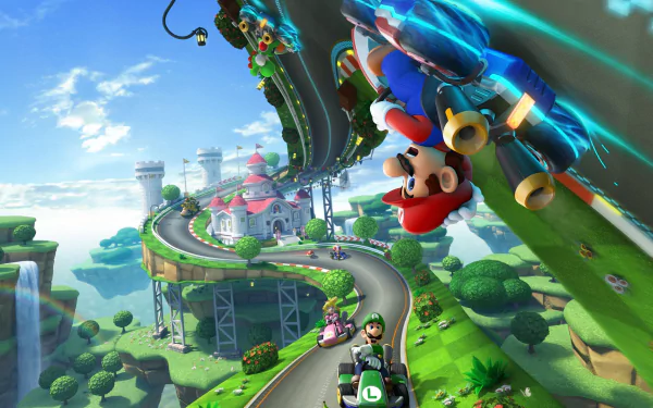 A vibrant HD wallpaper from Mario Kart 8, showcasing Mario racing on a twisting track with Luigi in the background, set against a whimsical landscape with castles and waterfalls.