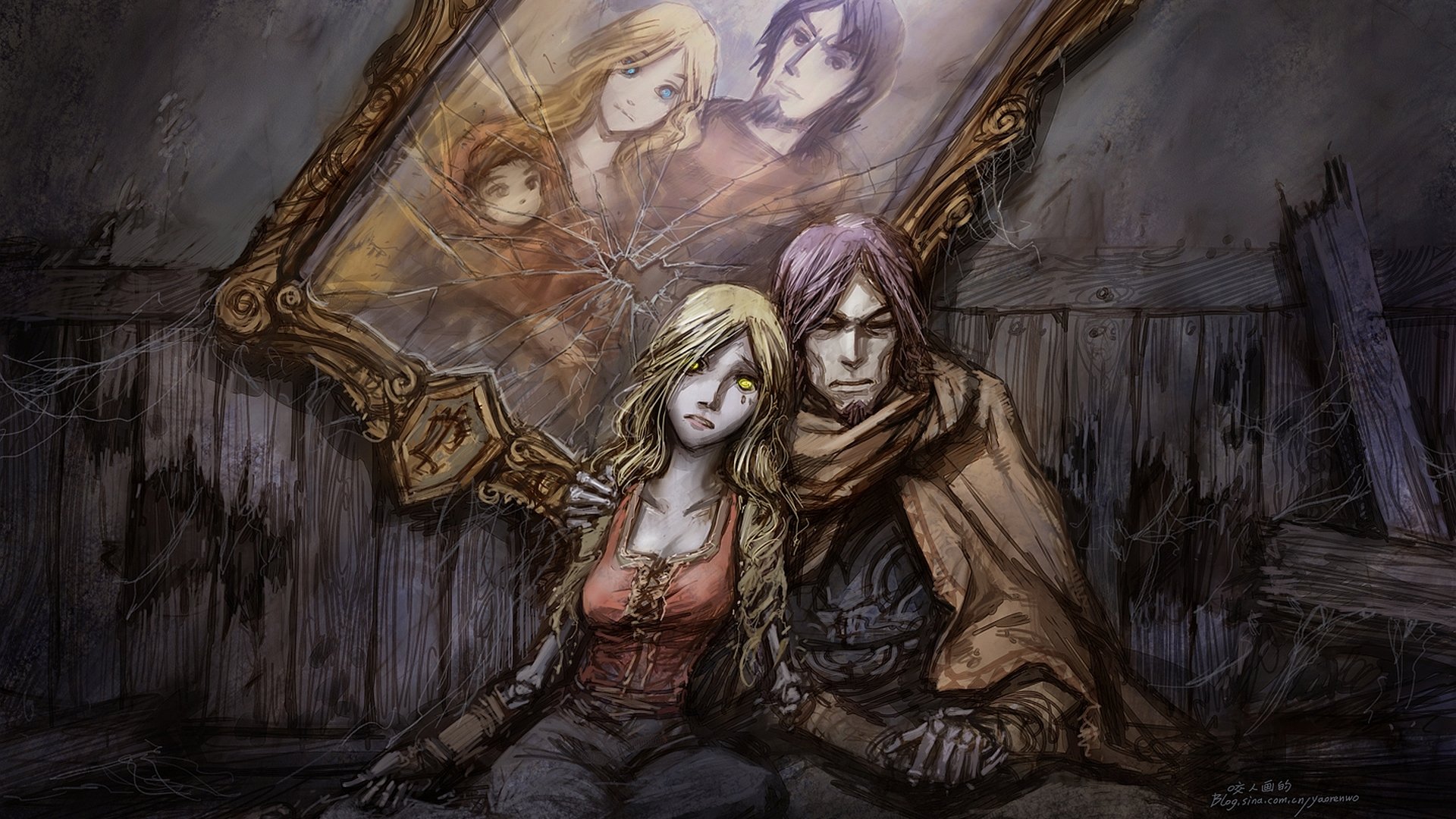 A hauntingly beautiful HD PC desktop wallpaper from World of Warcraft, featuring two characters in a dimly lit, abandoned room, with a cracked portrait in the background.