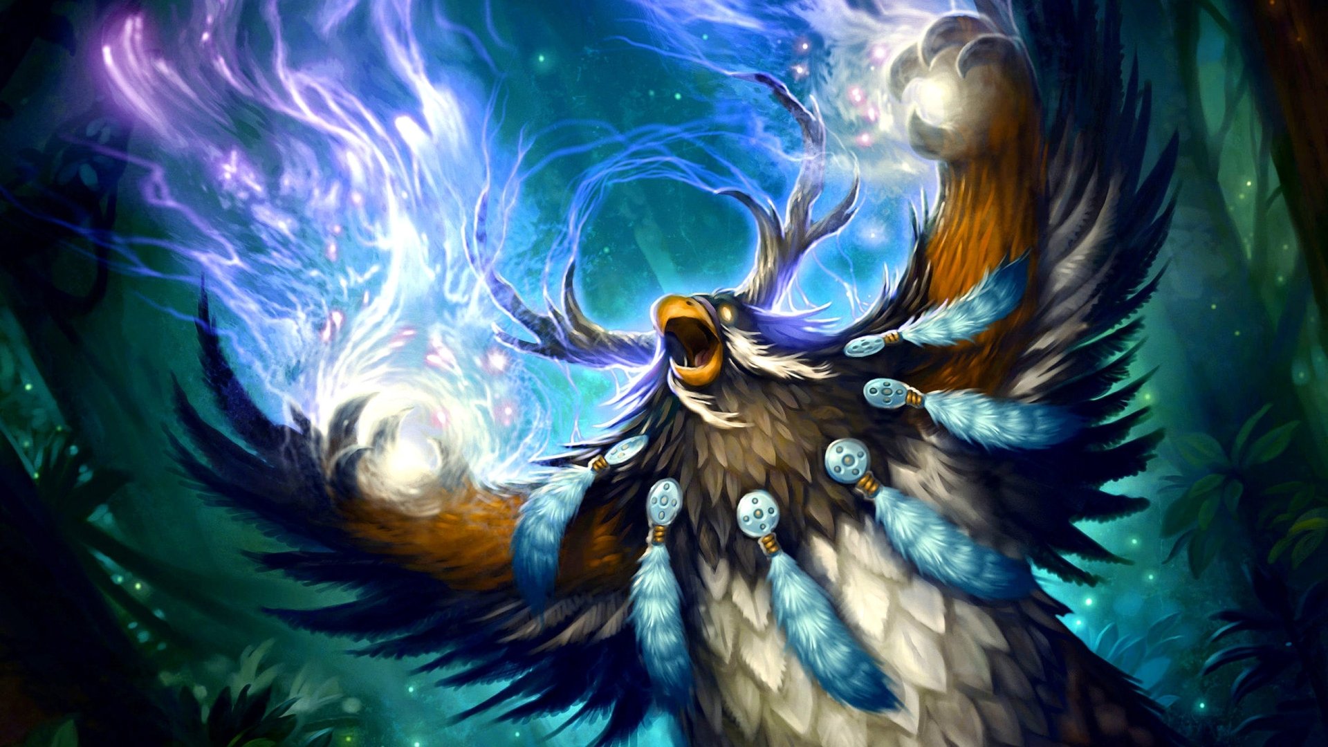 HD PC desktop wallpaper featuring a powerful, glowing druid character from the video game World of Warcraft, surrounded by mystical blue energy in a forest setting.