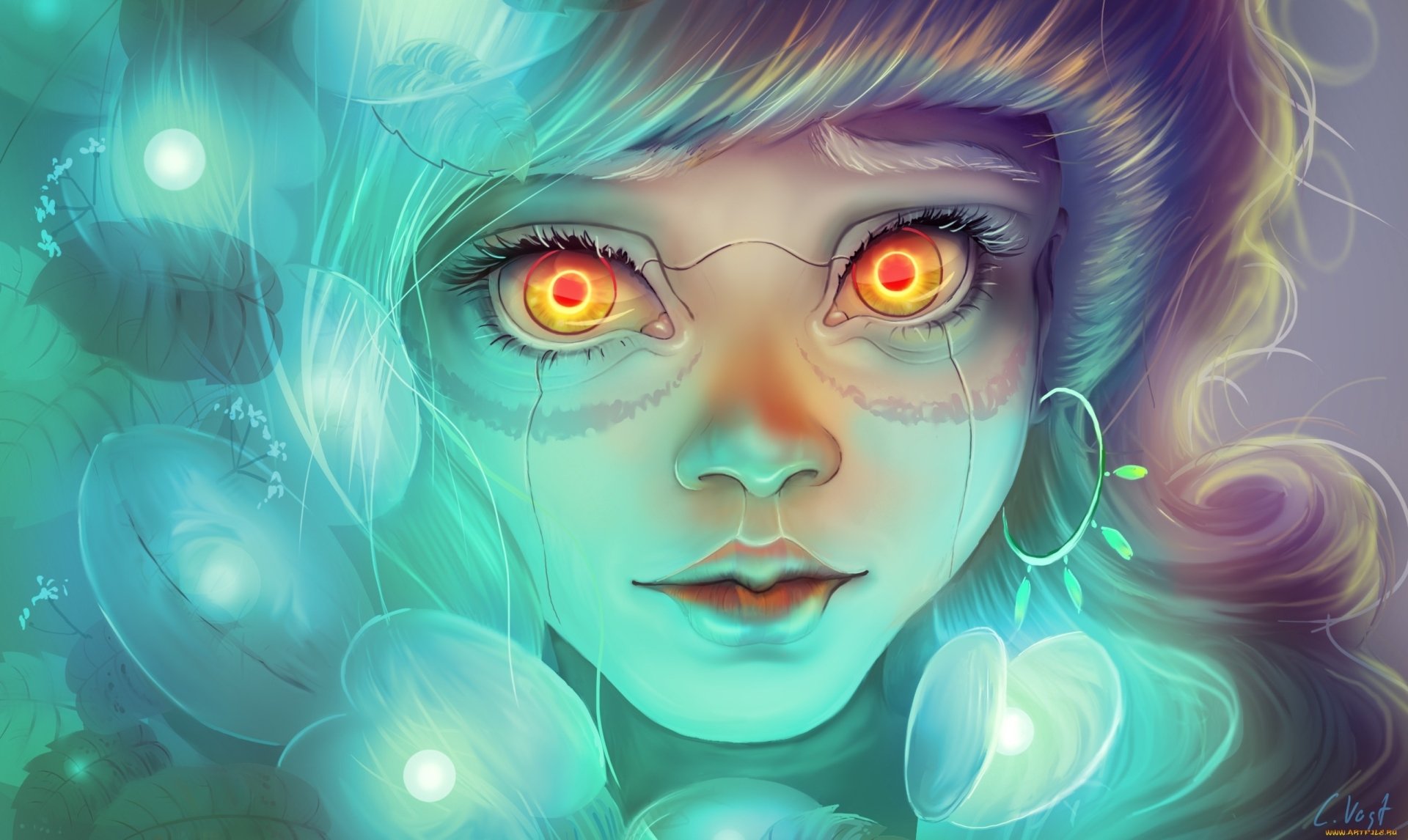 HD fantasy desktop wallpaper featuring a woman with glowing fiery eyes, ethereal blue-green lighting, and a mystical, otherworldly atmosphere.