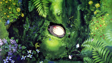 HD desktop wallpaper featuring Totoro and Mei Kusakabe from My Neighbor Totoro, nestled in a lush, green forest surrounded by vibrant flowers and foliage.