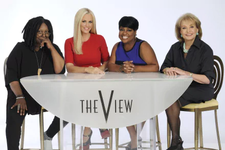 HD desktop wallpaper of four women smiling around a table with The View logo, suitable as a background.