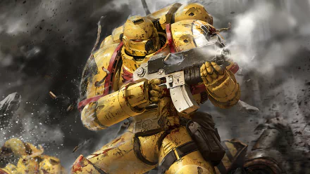 A fierce Space Marine in vibrant yellow armor wields a weapon amidst a chaotic battlefield, capturing the intense spirit of Warhammer video games in this dynamic HD wallpaper.