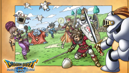 Dragon Quest IX: Sentinels of the Starry Skies HD PC desktop wallpaper/background depicting colorful RPG heroes and monsters charging across a sunny grassy field.