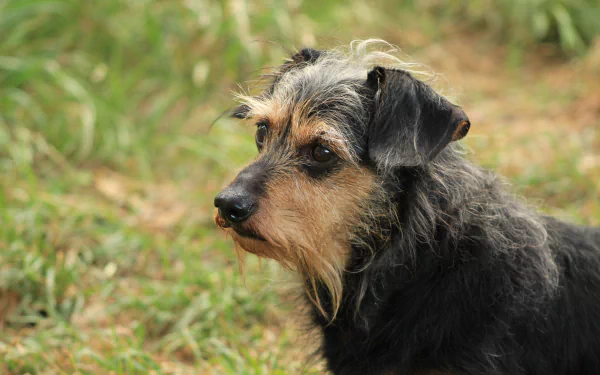 Close-up of a dachshund with a wiry coat, captured in 4K Ultra HD, set against a soft-focus natural green background for a PC desktop wallpaper.