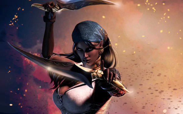 HD PC desktop wallpaper featuring a fierce female warrior from the video game Dragon Age II, poised with dual curved blades against a fiery, dynamic background.