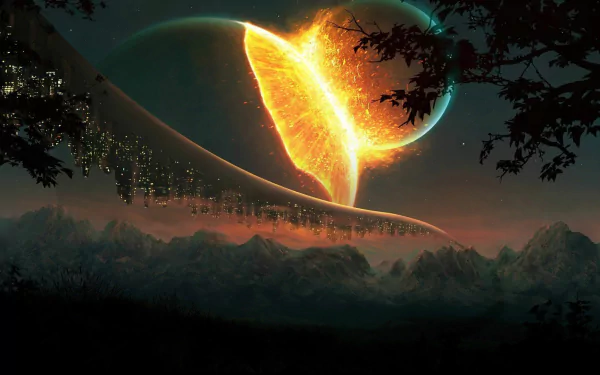 HD sci-fi desktop wallpaper depicting a dramatic cosmic collision of fiery celestial bodies over a silhouetted mountainous landscape at night.