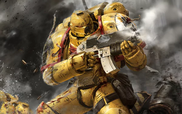 A fierce Space Marine in vibrant yellow armor wields a weapon amidst a chaotic battlefield, capturing the intense spirit of Warhammer video games in this dynamic HD wallpaper.