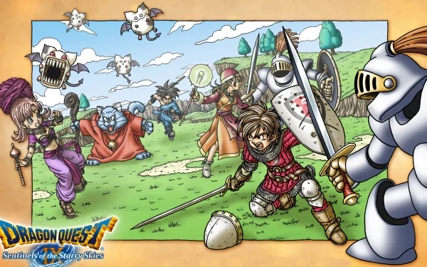Dragon Quest IX: Sentinels of the Starry Skies HD PC desktop wallpaper/background depicting colorful RPG heroes and monsters charging across a sunny grassy field.