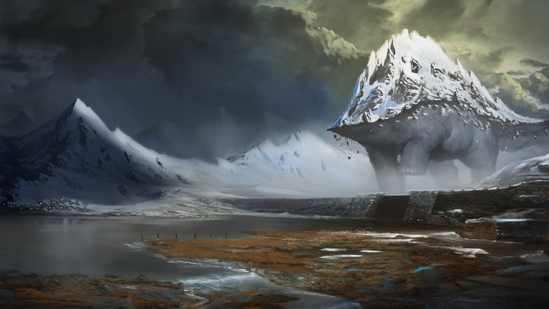 4K Ultra HD fantasy desktop wallpaper featuring a mysterious creature beneath a towering, snow-covered mountain in a dark, atmospheric landscape.