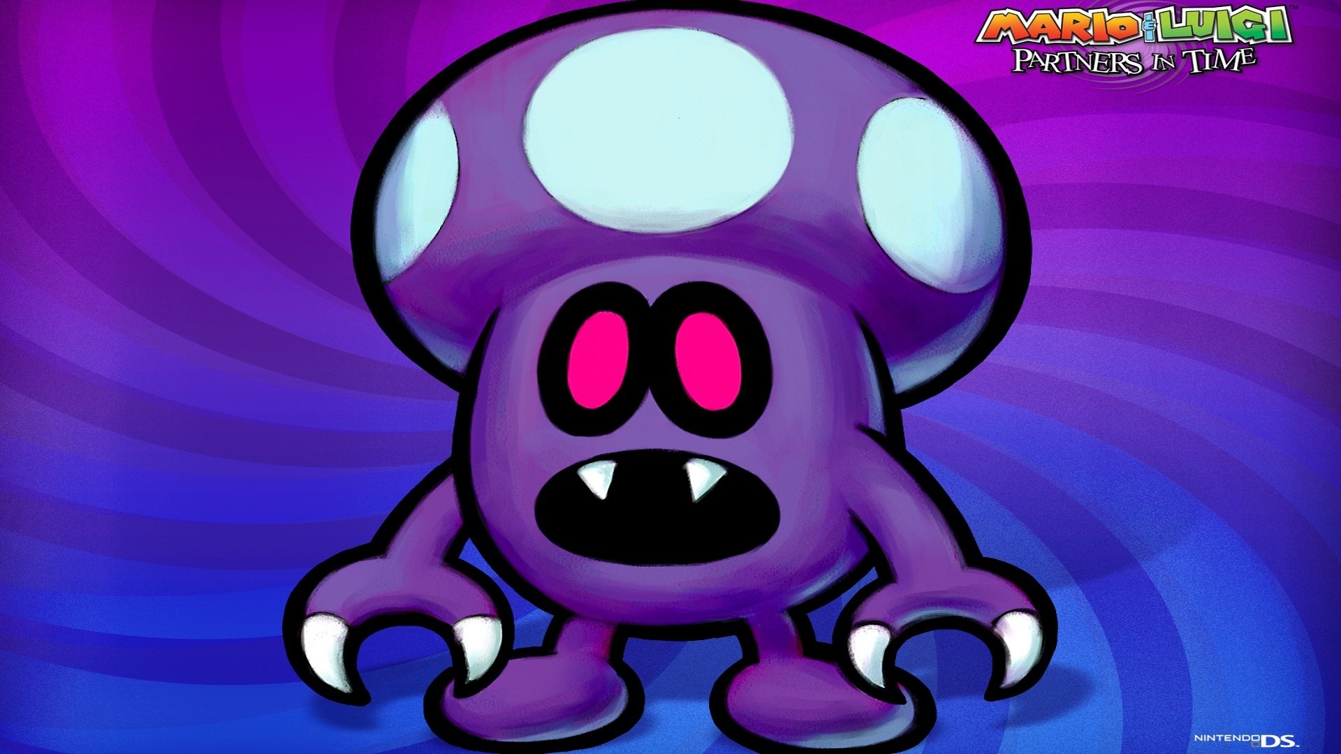 HD PC desktop wallpaper/background: a stylized purple mushroom monster with pink eyes, fangs and claws from the video game Mario & Luigi: Partners in Time.