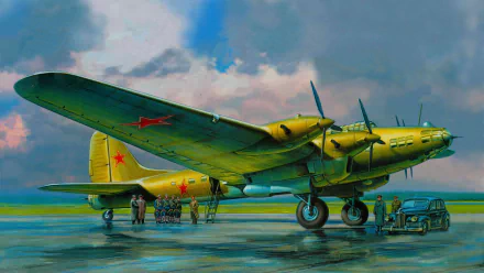 8K Ultra HD PC desktop wallpaper background: Soviet Petlyakov Pe-8 heavy bomber on wet tarmac with crew and support vehicle under a dramatic cloudy sky.