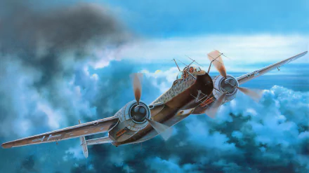 8K Ultra HD military wallpaper featuring a detailed Heinkel He 219 aircraft flying through a cloudy sky with smoke trailing behind.