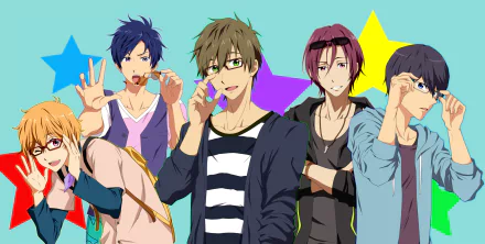 A vibrant HD wallpaper featuring characters Rin Matsuoka, Rei Ryūgazaki, Nagisa Hazuki, Makoto Tachibana, and Haruka Nanase from the anime Free!, set against a colorful starry background.