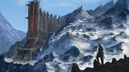 A fantasy winter landscape featuring towering mountains and a shadowy building amidst snow-draped peaks, creating a dramatic and captivating HD wallpaper.