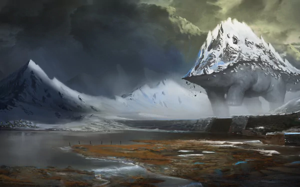 4K Ultra HD fantasy desktop wallpaper featuring a mysterious creature beneath a towering, snow-covered mountain in a dark, atmospheric landscape.