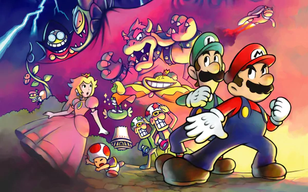 HD PC desktop wallpaper featuring Mario, Luigi, Princess Peach, Bowser, and other characters from the video game Mario & Luigi: Superstar Saga in a vibrant, dynamic scene.