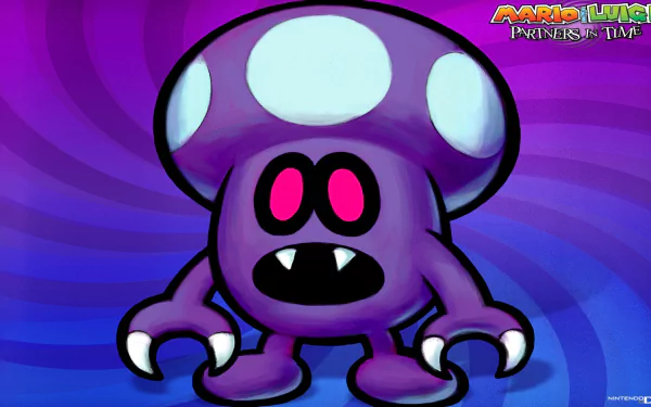HD PC desktop wallpaper/background: a stylized purple mushroom monster with pink eyes, fangs and claws from the video game Mario & Luigi: Partners in Time.