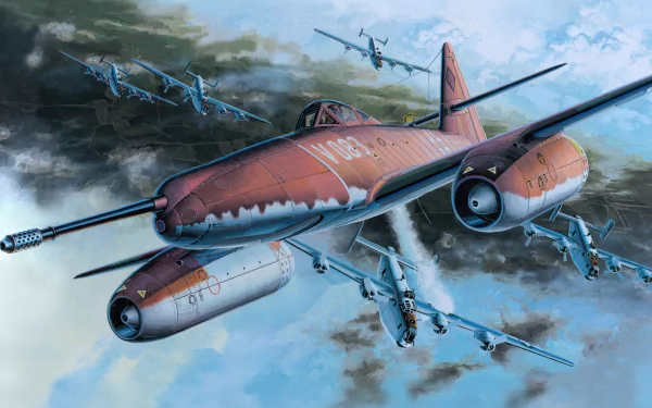 An artistic rendering of a Messerschmitt Me 262 soaring through the sky, surrounded by other military aircraft, offered as an 8K Ultra HD desktop wallpaper and background.