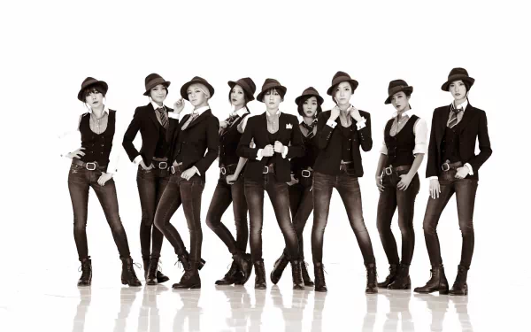 HD PC desktop wallpaper featuring the K-pop group Girls' Generation (SNSD) dressed in stylish black outfits and hats, showcasing their iconic music and fashion.