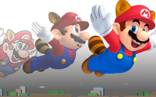 HD PC desktop wallpaper featuring Mario in his raccoon suit from the video game Super Mario Bros. 3, showcasing his flight progression across the screen.