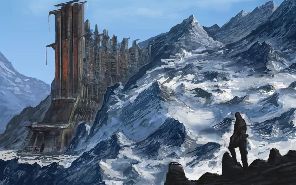 A fantasy winter landscape featuring towering mountains and a shadowy building amidst snow-draped peaks, creating a dramatic and captivating HD wallpaper.