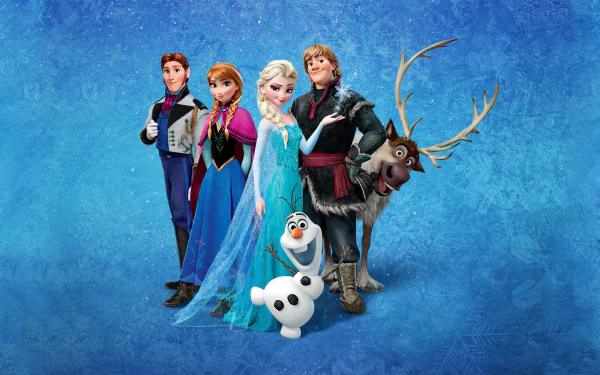 A vibrant HD desktop wallpaper featuring characters from Frozen: Anna, Elsa, Olaf, Kristoff, Hans, and Sven, set against a striking icy blue background.