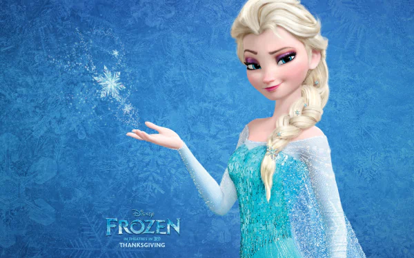 HD wallpaper featuring Elsa from Disney's Frozen, showcasing her enchanting pose and magical snowflake against a beautiful blue background.