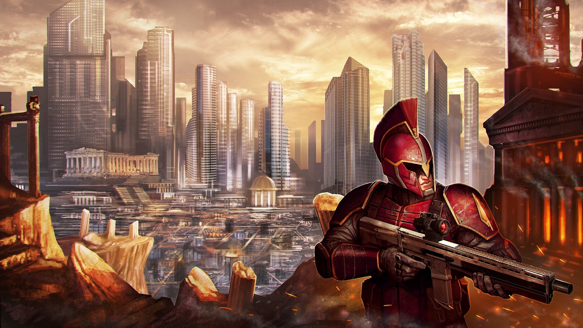 4K Ultra HD PC wallpaper/background: armored sci‑fi warrior with rifle stands before a sprawling futuristic city skyline at sunset.
