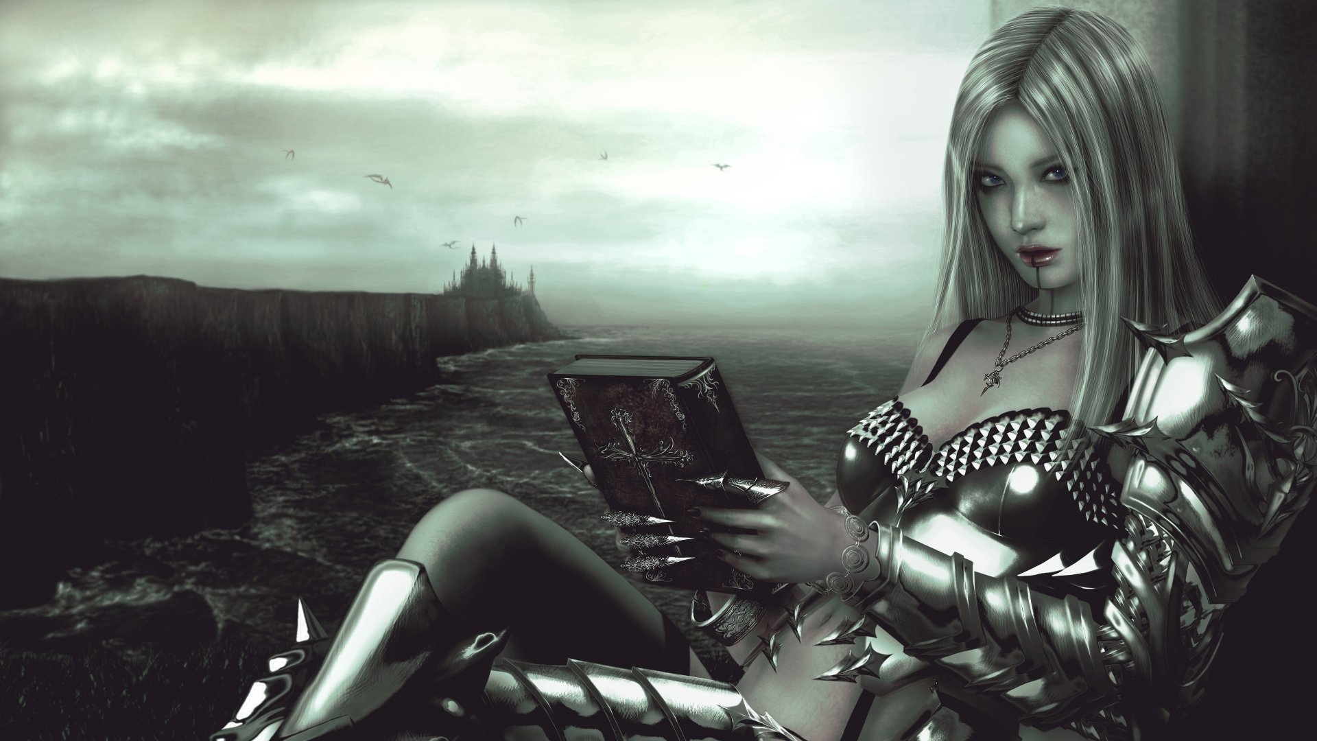 HD wallpaper featuring a woman in armor on a dark, fantastical coastline, with a castle in the background.