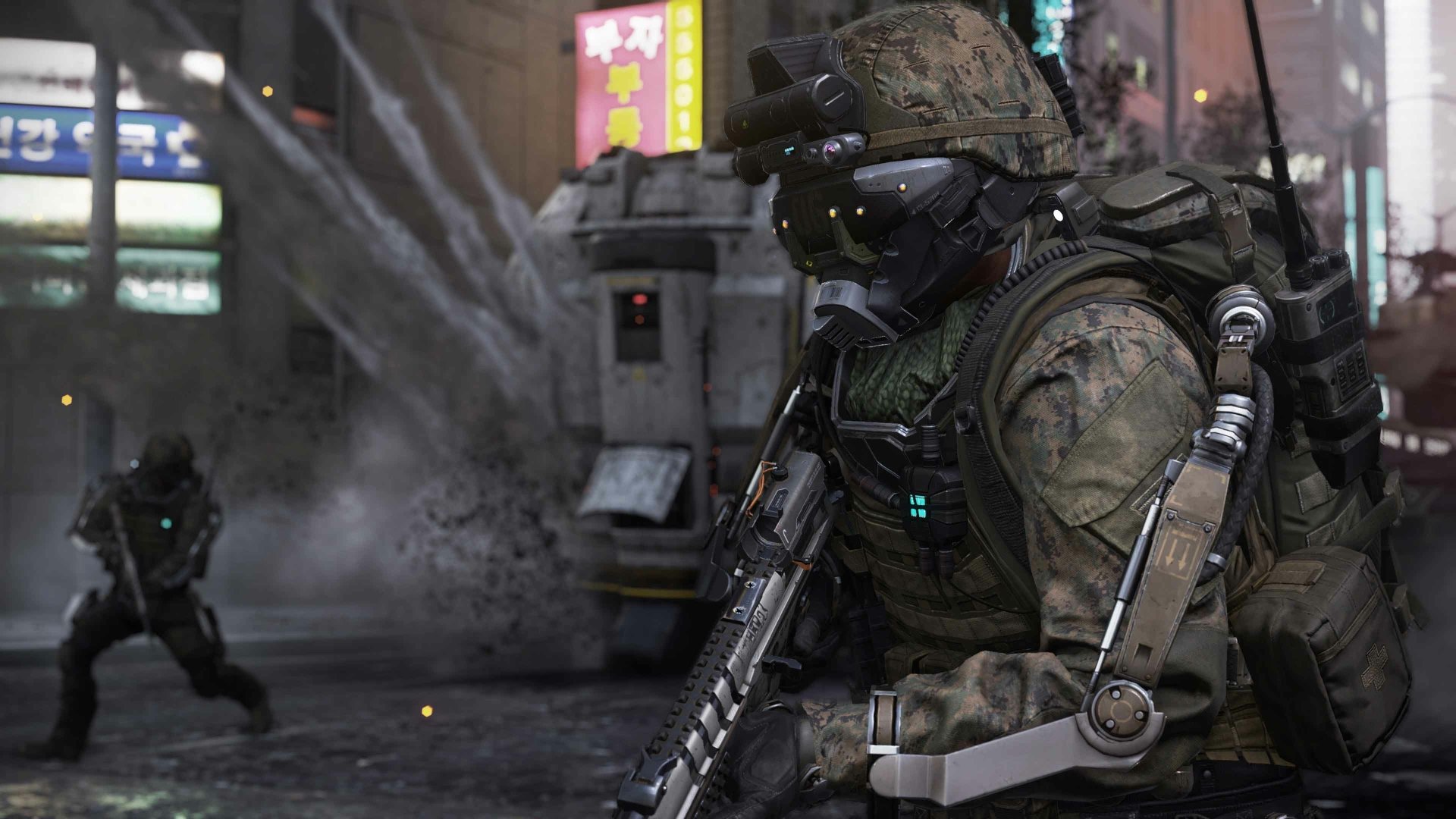 4K Ultra HD PC desktop wallpaper featuring a soldier in advanced combat gear from Call of Duty: Advanced Warfare in an urban nighttime setting.