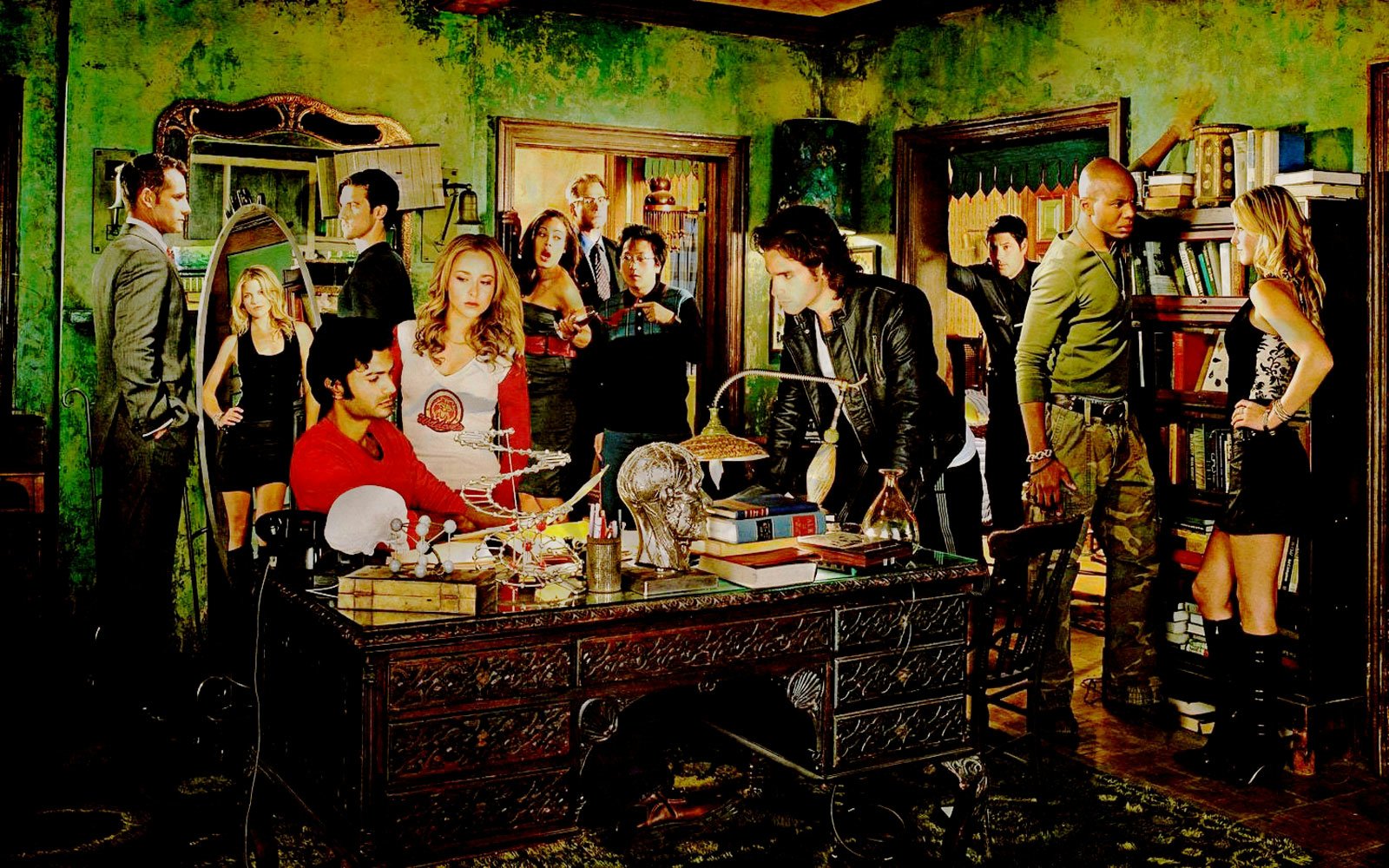 HD PC desktop wallpaper featuring key characters from the TV show Heroes in a detailed room setting, capturing the show's intense and dramatic atmosphere.