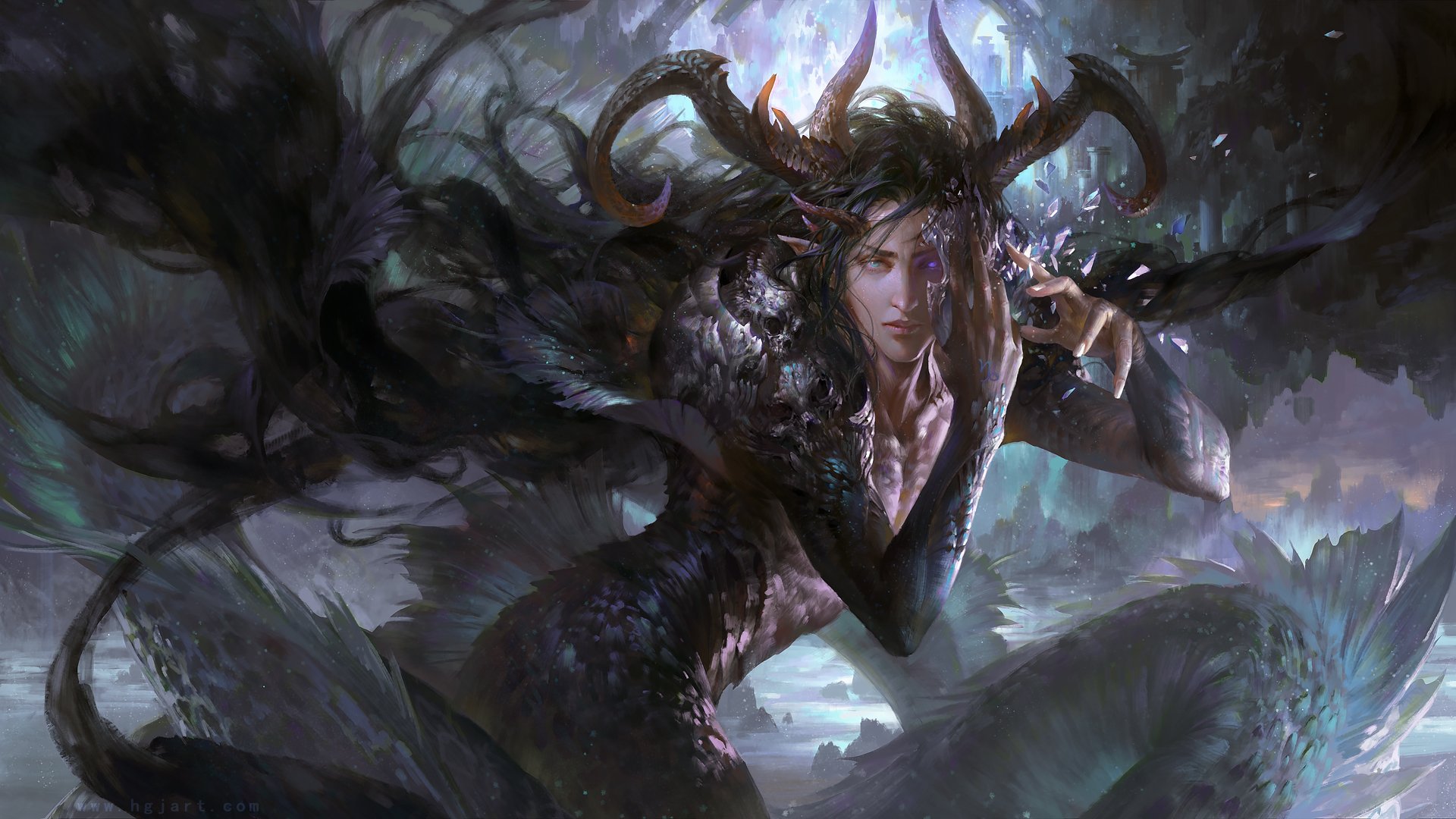 Fantasy creature with antlers and dark feathers emerges from a mystical forest, captured in high-definition detail for a PC desktop wallpaper.