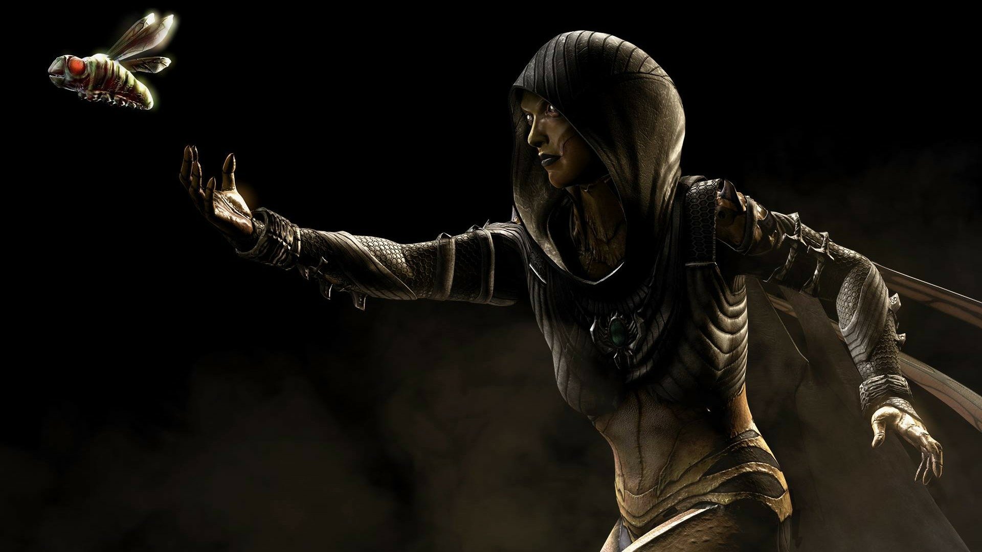 A dramatic HD wallpaper featuring a character from Mortal Kombat X, poised in a dark environment, reaching out as a moth flutters nearby, embodying the game's intense atmosphere.