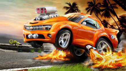 An action-packed HD wallpaper featuring a vibrant orange Hot Wheels car launching off a road, leaving trails of fire and surrounded by palm trees, capturing the thrill of speed.