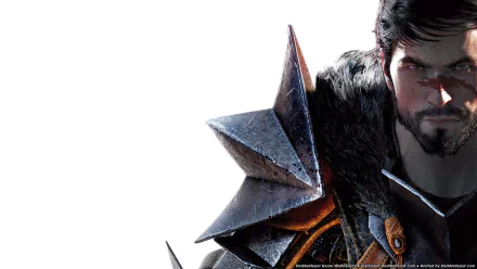 HD PC desktop wallpaper from the video game Dragon Age II: close-up of a brooding, bearded warrior in spiked plate armor with a fur collar against a white background.