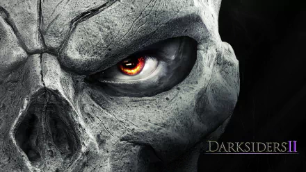 Close-up of a detailed stone skull with a fiery eye from the video game Darksiders II, presented as an HD PC desktop wallpaper and background.