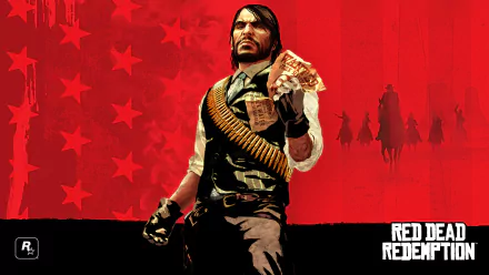 HD PC desktop wallpaper featuring a Red Dead Redemption character holding cards against a red background with silhouetted riders and stars.
