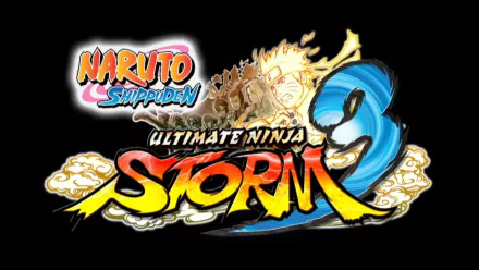 HD PC desktop wallpaper of the video game Naruto Shippuden: Ultimate Ninja Storm 3 logo with stylized title, dynamic Naruto figure and swirling blue storm on a black background.