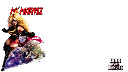 HD PC desktop wallpaper featuring comic character Ms. Marvel with dynamic pose and vibrant colors, alongside the War of the Realms logo.