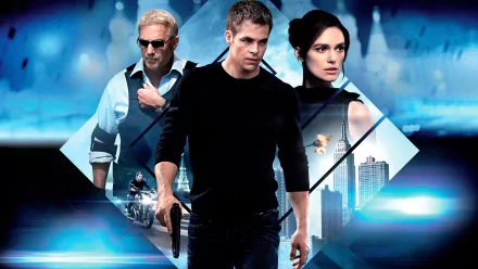 HD PC desktop wallpaper for the movie Jack Ryan: Shadow Recruit — three action figures, one holding a gun, set against a cool blue geometric city backdrop.
